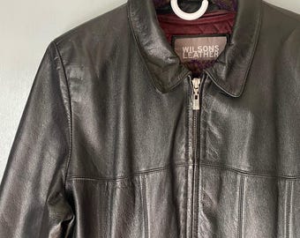 Vintage WILSON'S LEATHER Women's L Black Leather Zip Jacket Short Moto Retro Y2K