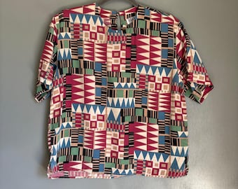 Blusa vintage DOUGLASS da donna, motivo astratto, 100% seta, colorata, stile retrò anni '80 e '90