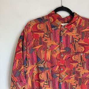 Vintage NATURAL ISSUE Men's 1X Red Abstract Geometric Rayon Button Up Shirt