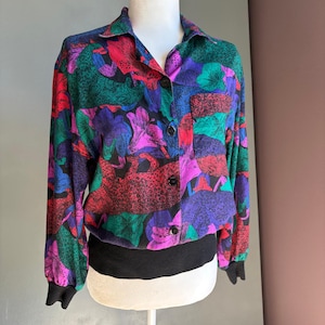 Vintage JOYCE Sportswear Women&#39;s Med Colorful Button Up Blouse 80&#39;s Retro Floral
