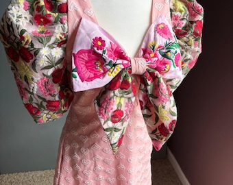 Embroidered Floral Tea Party Dress Women's Small Bow Glam Unique Sleeve Colorful