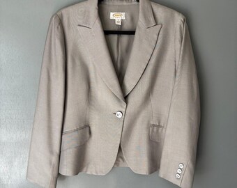 Vintage TALBOTS Women's 12 Petite SIlver Grey Single Button Blazer Career City