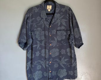 Vintage TOMMY BAHAMA heren L Blue Hawaiian-shirt met korte mouwen en 100% zijde met print