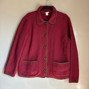 L.L. BEAN Women&#39;s XL Boiled Wool Maroon Button Up Jacket Cottagecore Cozy Simple