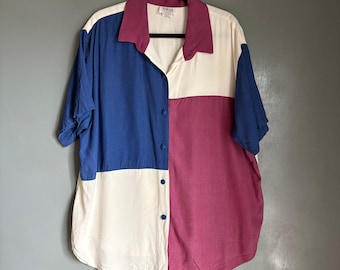 Blusa vintage feminina FRITZI tamanho 3XL, estilo retrô, com blocos de cores e gola, inspirada nos anos 90 e no estilo boho.