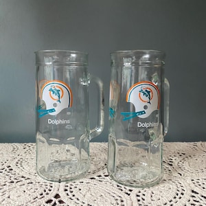 Vintage Fischer Peanuts NFL Glas Bierkrug MIAMI DELFINE 2er Set retro