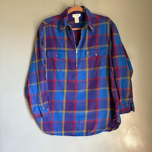 Vintage JONES NEW YORK Sport Women's Med Blue Plaid Flannel Long Sleeve Cottage