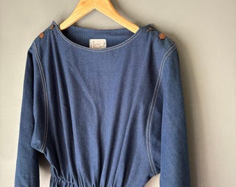 Vintage 70's Women's MEDIUM Denim Smock Dress Cinch Waist Pockets Retro Cottage