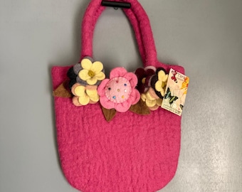 TARA HANDKNITS Pink Boiled Wool Floral Pink Hand Bag Purse Handmade NWT Nepal