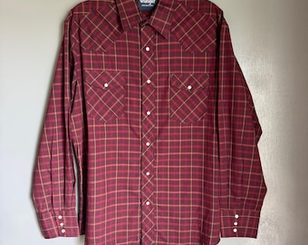 Camisa vaquera retro de manga larga a cuadros rojos con botones de perla para hombre WRANGLER, talla grande.