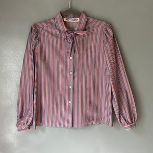 Vintage ULTI MATES Women&#39;s Med Colorful Striped Secretary Blouse Tie Rainbow