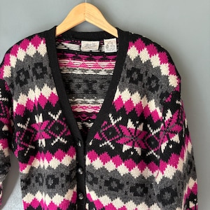 Vintage 90&#39;s NORDSTROM Brass Plum Women&#39;s MED Shetland Wool Fair Isle Cardigan