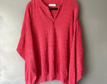 HALEY Women's Plus XXL Salmon Pink Cotton Knit Henley Pullover Sweater Retro