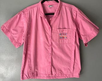 Vintage CHANGE Women's Large Pink Button Up Embroidered Pleated Blouse Cottage