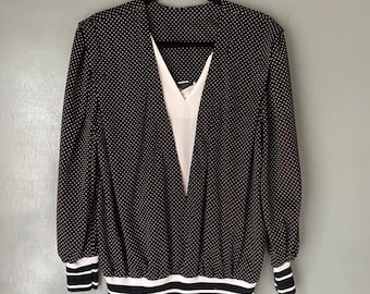 VINTAGE Leni Leni Women's 16 Black White Polka Dot Secretary Blouse Stretch