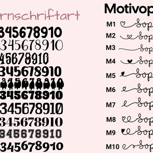 May include: A graphic showing different font styles for the numbers 0-9 and 10. The font styles are labeled N1-N10. The graphic also shows different design options for the name "Sophia" labeled M1-M10.