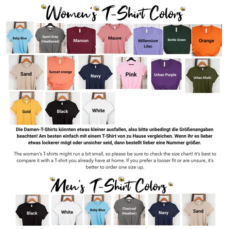 May include: A chart showing different t-shirt colors for women and men. The chart includes color names like baby blue, sport gray, maroon, mauve, millennium lilac, bottle green, orange, sand, sunset orange, navy, pink, urban purple, urban khaki, gold, black, white, charcoal, and sand.
