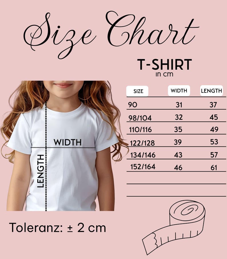Peut inclure: Tableau des tailles pour un t-shirt en centim&egrave;tres. Le tableau indique la taille, la largeur et la longueur du t-shirt en centim&egrave;tres. Le tableau est sur un fond rose. Toleranz: &plusmn; 2 cm