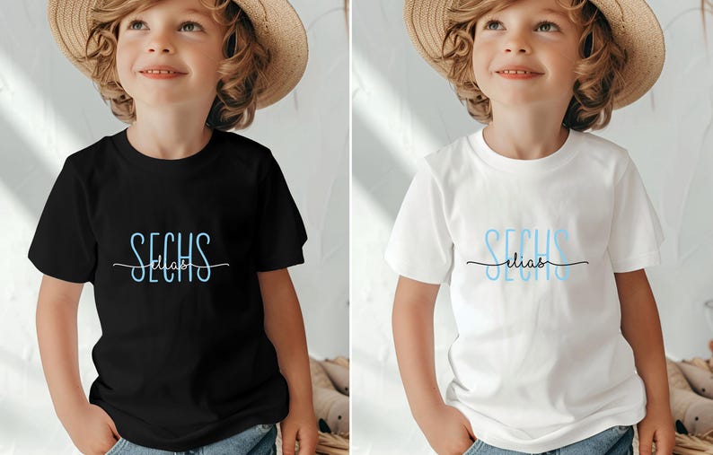 Peut inclure: Deux enfants portant des t-shirts noir et blanc avec le texte "SECHS Elias" en lettres bleues.