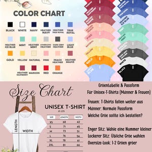 May include: Color chart and size chart for unisex t-shirts. The chart shows different colors of t-shirts, including black, white, navy, heather navy, heather true royal, true royal, heather ice blue, mint, heather mint, athletic heather, dark grey heather, light blue, gold, yellow, natural, pink, peach heather, heather mauve, heather raspberry, maroon, red, and orange. The size chart shows the length and width of the t-shirts in inches for sizes XS, S, M, L, XL, and 2XL.