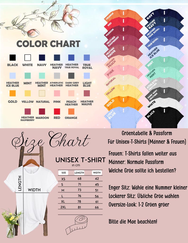 May include: Color chart and size chart for unisex t-shirts. The chart shows different colors of t-shirts, including black, white, navy, heather navy, heather true royal, true royal, heather ice blue, mint, heather mint, athletic heather, dark grey heather, light blue, gold, yellow, natural, pink, peach heather, heather mauve, heather raspberry, maroon, red, and orange. The size chart shows the length and width of the t-shirts in inches for sizes XS, S, M, L, XL, and 2XL.