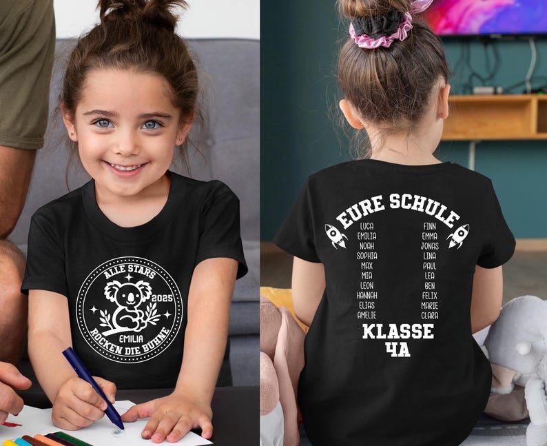 May include: Black t-shirt with white text that says "EURE SCHULE" and lists names. The text "KLASSE 4A" is below the names. A girl is wearing the shirt. Another black t-shirt with a koala graphic and the text "ALLE STARS 2025 ROCKEN DIE BUHNE" is shown.