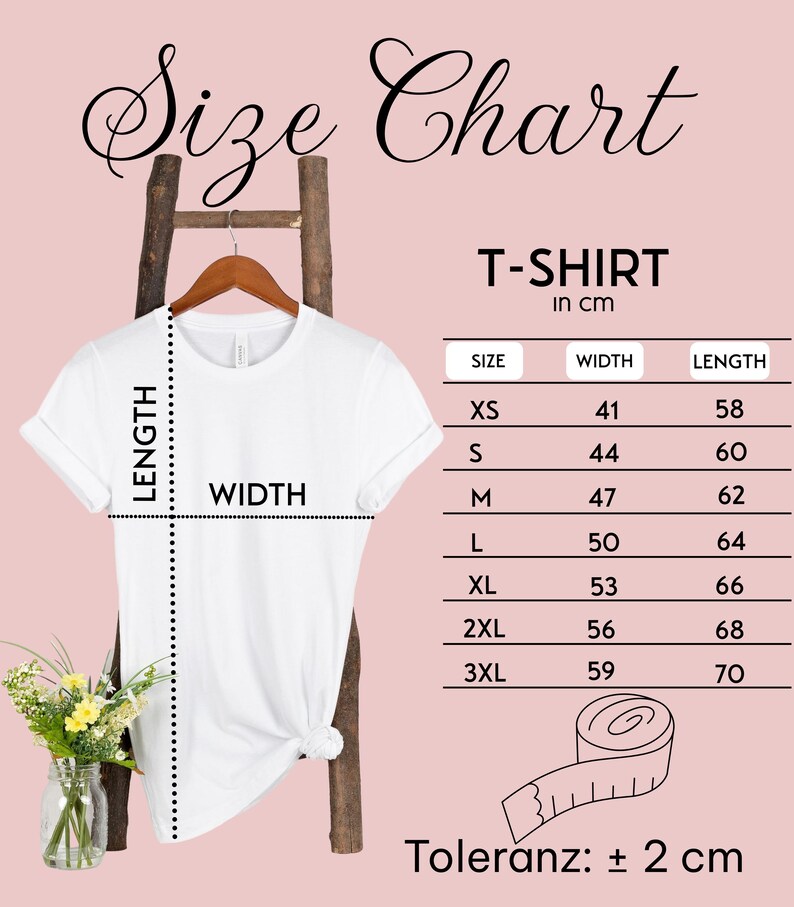 May include: White t-shirt size chart with measurements in centimeters for XS, S, M, L, XL, 2XL, and 3XL. The chart shows the width and length of each size. Toleranz: &plusmn; 2 cm.