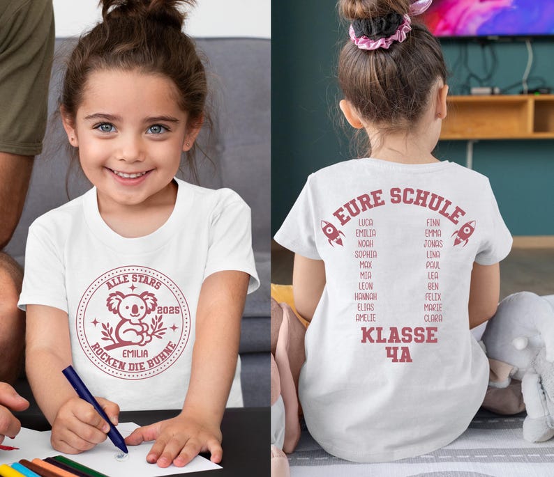 May include: White t-shirt with a red and white graphic of a koala bear with the text "ALLE STARS 2025 EMILIA ROCKEN DIE BUHNE". The back of the shirt has the text "EURE SCHULE" with a list of names and "KLASSE 4A".