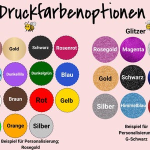 Peut inclure: Un tableau d'options de couleurs d'impression, avec les mots "Druckfarbenoptionen" et "Glitzer" en haut. Les couleurs incluent l'or rose, l'or, le noir, le rouge, le bleu, le blanc, le marron, l'orange, le jaune, le vert, le violet et l'argent. Les couleurs sont dispos&eacute;es en grille avec le mot "Beispiel f&uuml;r Personalisierung; Rosegold" en bas.