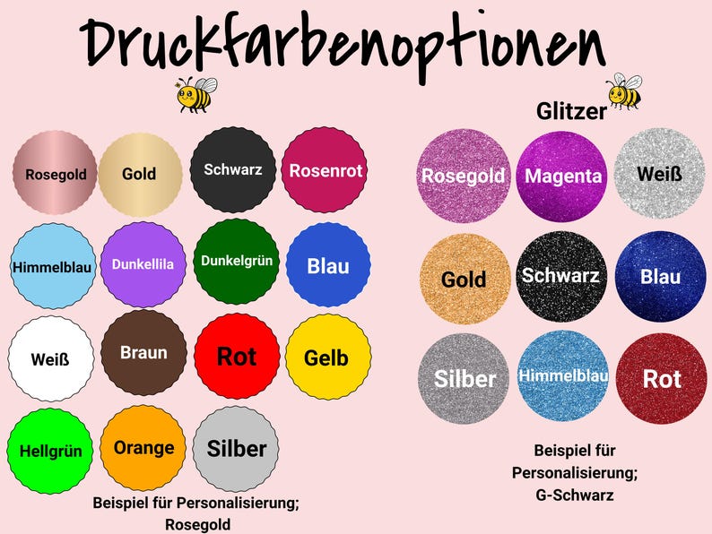 Peut inclure: Un tableau d'options de couleurs d'impression, avec les mots "Druckfarbenoptionen" et "Glitzer" en haut. Les couleurs incluent l'or rose, l'or, le noir, le rouge, le bleu, le blanc, le marron, l'orange, le jaune, le vert, le violet et l'argent. Les couleurs sont dispos&eacute;es en grille avec le mot "Beispiel f&uuml;r Personalisierung; Rosegold" en bas.