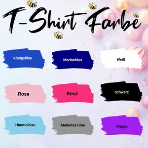 Peut inclure: Un tableau montrant diff&eacute;rentes couleurs de t-shirts avec le texte "T-Shirt Farbe" en haut. Les couleurs incluent : K&ouml;nigsblau, Marineblau, Wei&szlig;, Rosa, Ros&eacute;, Schwarz, Himmelblau, Melieres Grau et Purple.