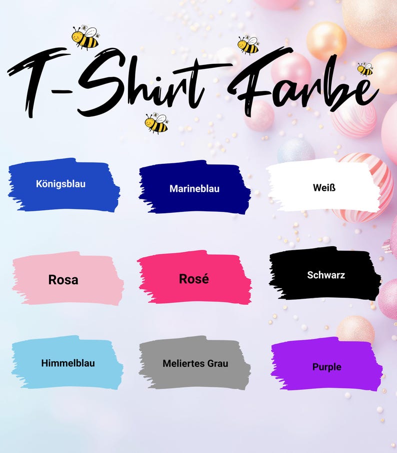 Peut inclure: Un tableau montrant diff&eacute;rentes couleurs de t-shirts avec le texte "T-Shirt Farbe" en haut. Les couleurs incluent : K&ouml;nigsblau, Marineblau, Wei&szlig;, Rosa, Ros&eacute;, Schwarz, Himmelblau, Melieres Grau et Purple.