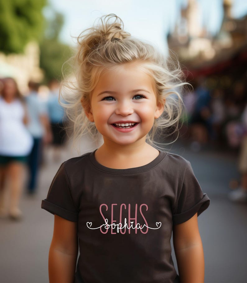 Peut inclure: Une jeune fille portant un t-shirt marron avec le texte "SECHS Sophia" en lettres roses. La fille sourit et a les cheveux blonds.