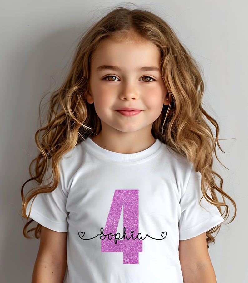 May include: White t-shirt with a pink glittery number 4 and the name "Sophia" written below it.