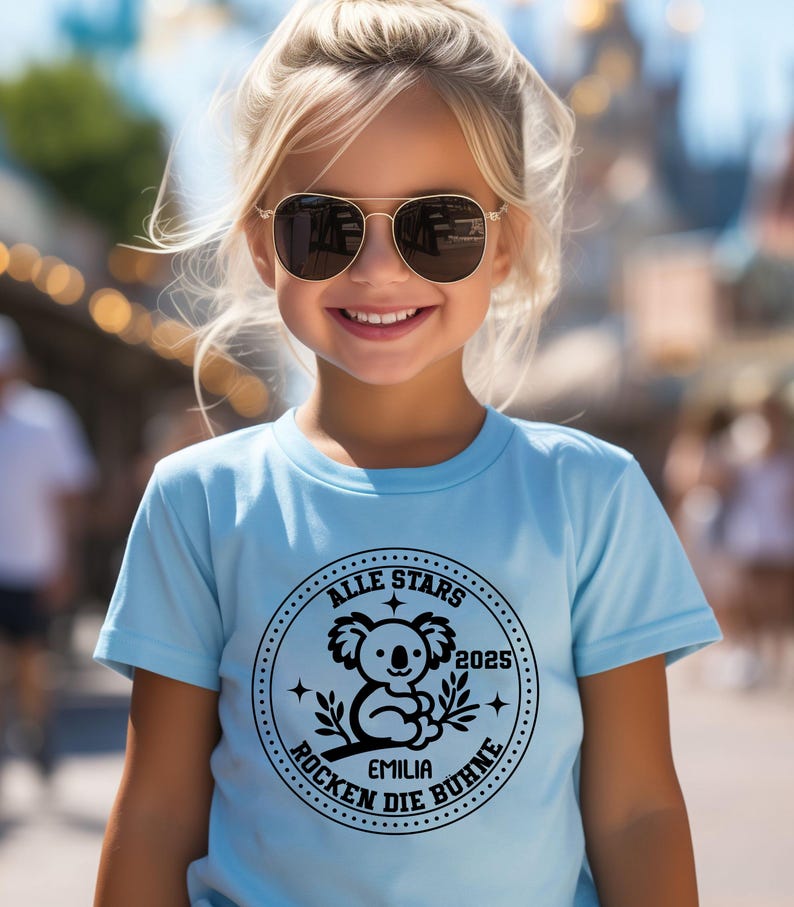 May include: A light blue t-shirt with a black and white graphic of a koala bear inside a circle. The circle has the text "ALLE STARS" at the top, "ROCKEN DIE B&Uuml;HNE" at the bottom, and "2025" to the right of the koala. The text "EMILIA" is below the koala.