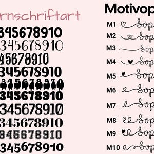 Peut inclure: Un graphique montrant diff&eacute;rents styles de police pour les chiffres de 0 &agrave; 9 et 10. Les styles de police sont &eacute;tiquet&eacute;s N1 &agrave; N10. Le graphique montre &eacute;galement diff&eacute;rentes options de conception pour le nom "Sophia" &eacute;tiquet&eacute;es M1 &agrave; M10.