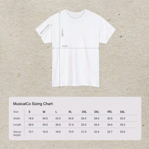 May include: A sizing chart for t-shirts with measurements in inches for width, length, and sleeve length. The chart shows sizes from S to 5XL.