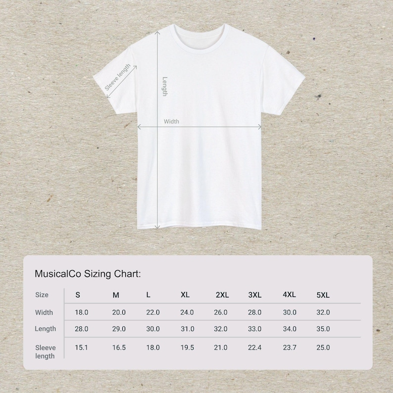 May include: A sizing chart for t-shirts with measurements in inches for width, length, and sleeve length. The chart shows sizes from S to 5XL.