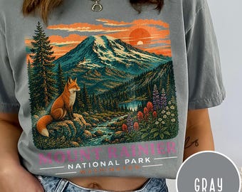 Mount Rainier Fox Scenic T-Shirt | National Park Landscape