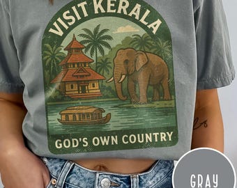 Visit Kerala travel poster elephant houseboat T-Shirt Gods Own Country