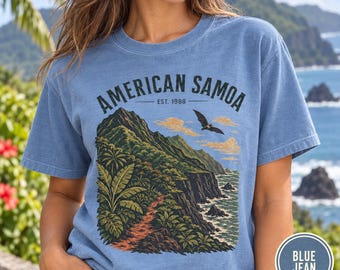 American Samoa coastal landscape T-shirt | island cliffs, palm trees, ocean scene
