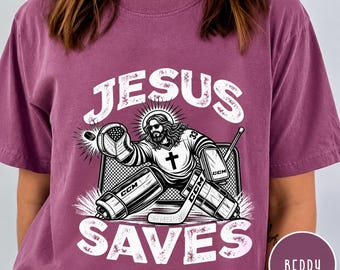 Jesus Saves hockey goalie illustration T-shirt | Christian sports tee