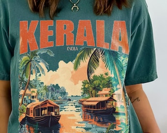 Vintage Kerala India Travel T-Shirt, Art Deco Backwaters Tee, Retro Travel Poster Shirt