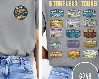 Starfleet Tours planets collage T-shirt | Retro sci-fi travel patches