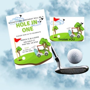 Hole In One Eerste verjaardagsuitnodiging en bedankkaarten Golf bewerkbaar