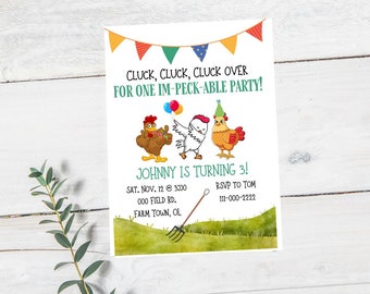 May include: A colorful invitation for a child's birthday party with a chicken theme. The invitation features a cartoon illustration of three chickens with party hats and balloons. The text reads "Cluck, cluck, cluck over for one im-peck-able party!" and "Johnny is turning 3!" with party details.