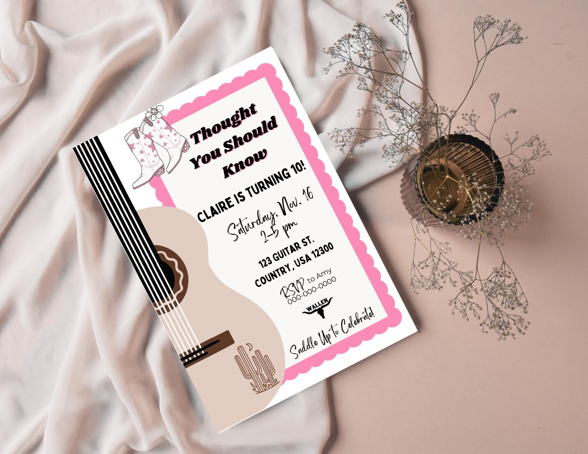 Pink Country Digital Birthday Invitation and Thank You Cards Template Morgan Wallen Theme Editable