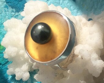 Ring white quartz with 24 kt gold leaf Tahiti black pearl sterling silver by marc gounard OOAK unique creation