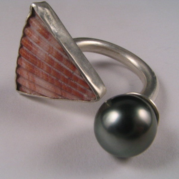 Tahiti Pearl Ring Tropical Shell Open Original Design by Marc Gounard of Sausalito, CA Sterling Silver