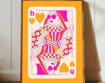 Karta do gry Queen of Hearts Funky Wall Art, różowa i pomarańczowa sztuka ścienna Preppy, dekoracja akademika, estetyczna sztuka ścienna Maximalist Instant Download